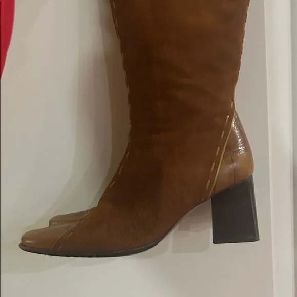 Made In Italy Camel Tan Brushed Suede and Leather High Calf Heeled Boots - Picture 8 of 14